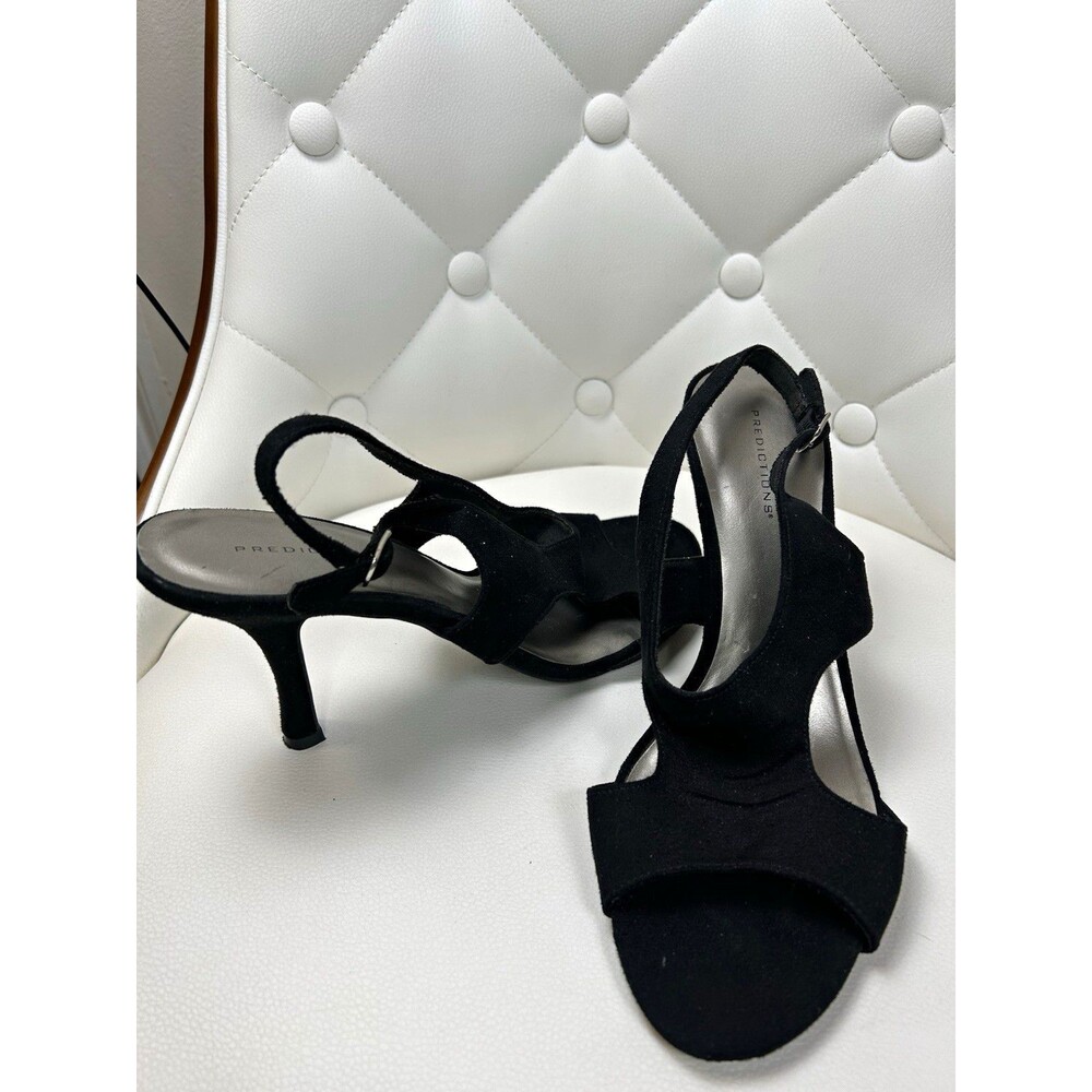 Predictions Black Faux Suede Slingback Stiletto 11 Heels Open Toe Buckle Strap